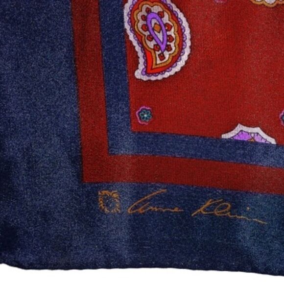 ANNE KLEIN NAVY BURGANDY SILK PAISLEY SCARF 24" - Picture 6 of 7